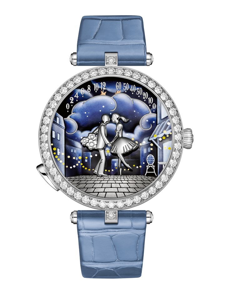 On the new Lady Arpels Bal des Amoureux Automate watch, an automaton movement brings the lovers closer together for a kiss at noon and midnight. This tender scene can be recreated on demand with the push of a button on the watch case. The hours and minutes are indicated by two stars set in motion by a double retrograde system, a signature feature of the collection.